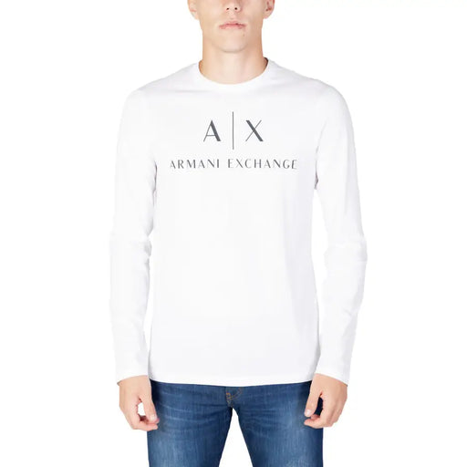 Men’s white long-sleeve T-shirt with AX ARMANI EXCHANGE logo displayed on a product page