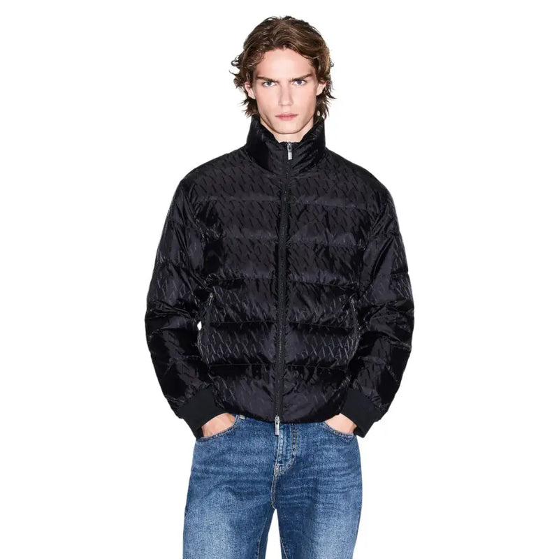 Armani Exchange black polyamide quilted puffer jacket for men with subtle geometric pattern and ribbed cuffs