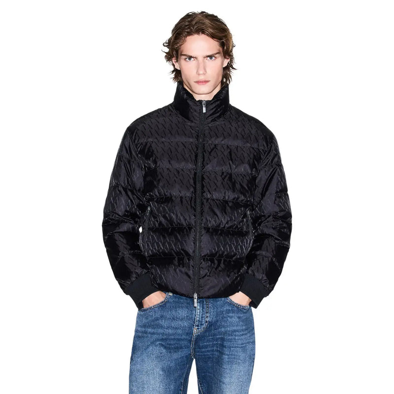 Armani Exchange black polyamide quilted puffer jacket for men with subtle geometric pattern and ribbed cuffs