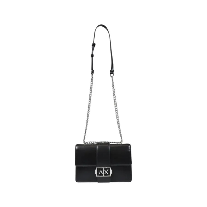 Armani Exchange Sac bandoulière en cuir noir avec bandoulière chaîne argentée et fermoir logo AX