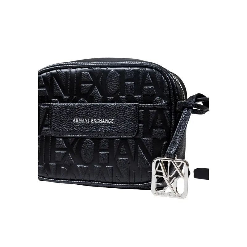 Armani Exchange black polyester crossbody bag for women with embossed logo pattern and silver-tone metal clasp