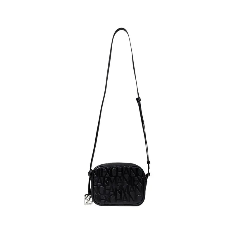 Armani Exchange black quilted leather crossbody bag for women with embossed logo and silver tone hardware