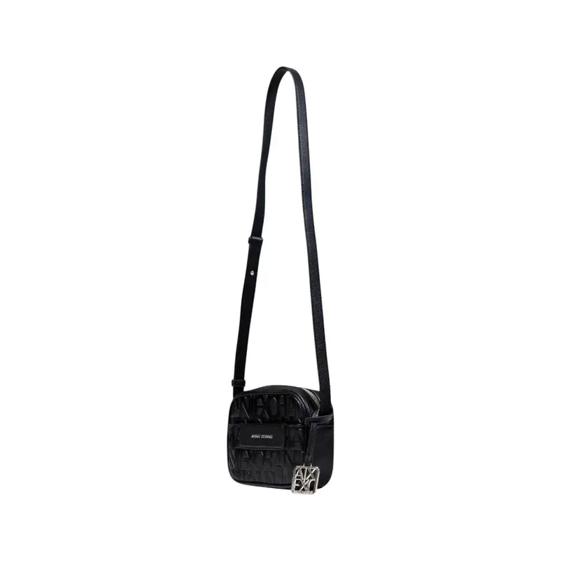 Armani Exchange black polyester crossbody bag for women with textured finish embossed logo and silver-tone clasp
