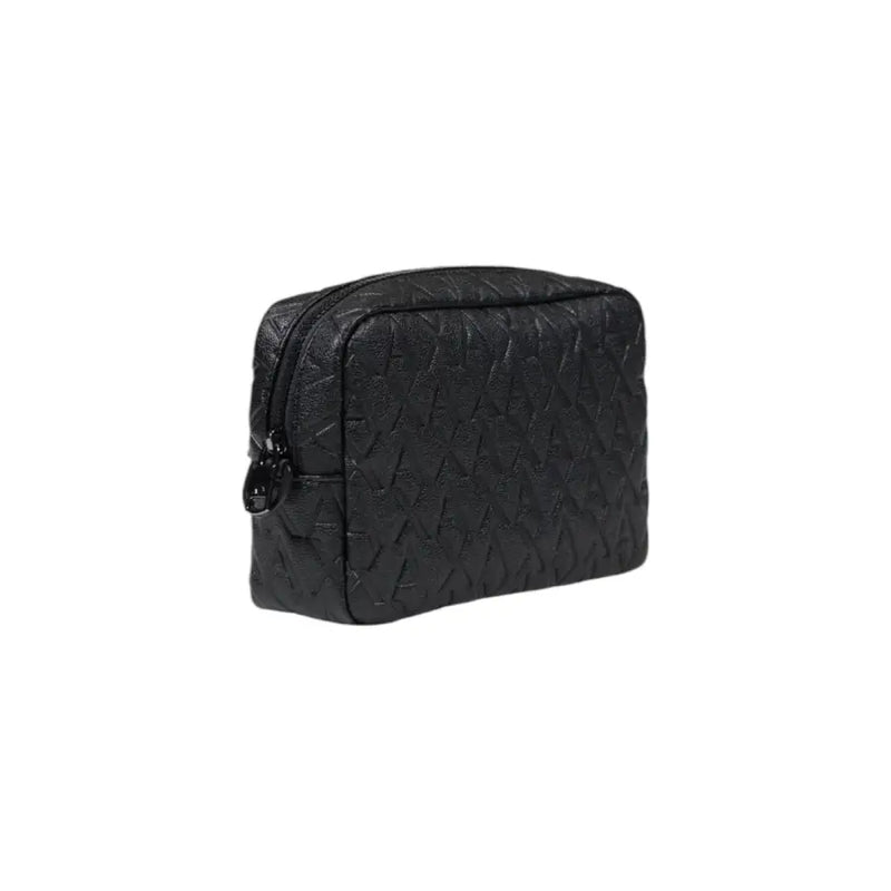 Armani exchange black quilted leather travel pouch with geometric pattern and sleek zipper closure for women