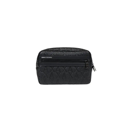 Armani Exchange black quilted leather pouch with repeating logo pattern and front zipper for women