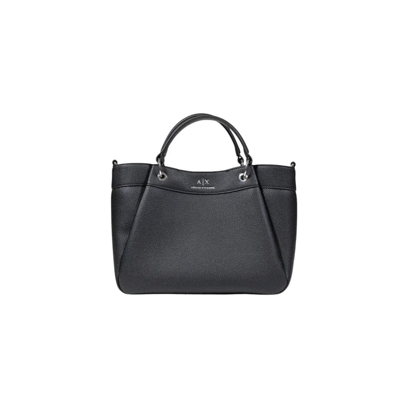 Armani Exchange black textured leather handbag with silver-tone hardware and structured design with shoulder strap