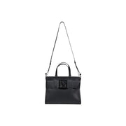 Armani Exchange black polyurethane handbag with zip pocket featuring a prominent logo buckle and adjustable shoulder strap