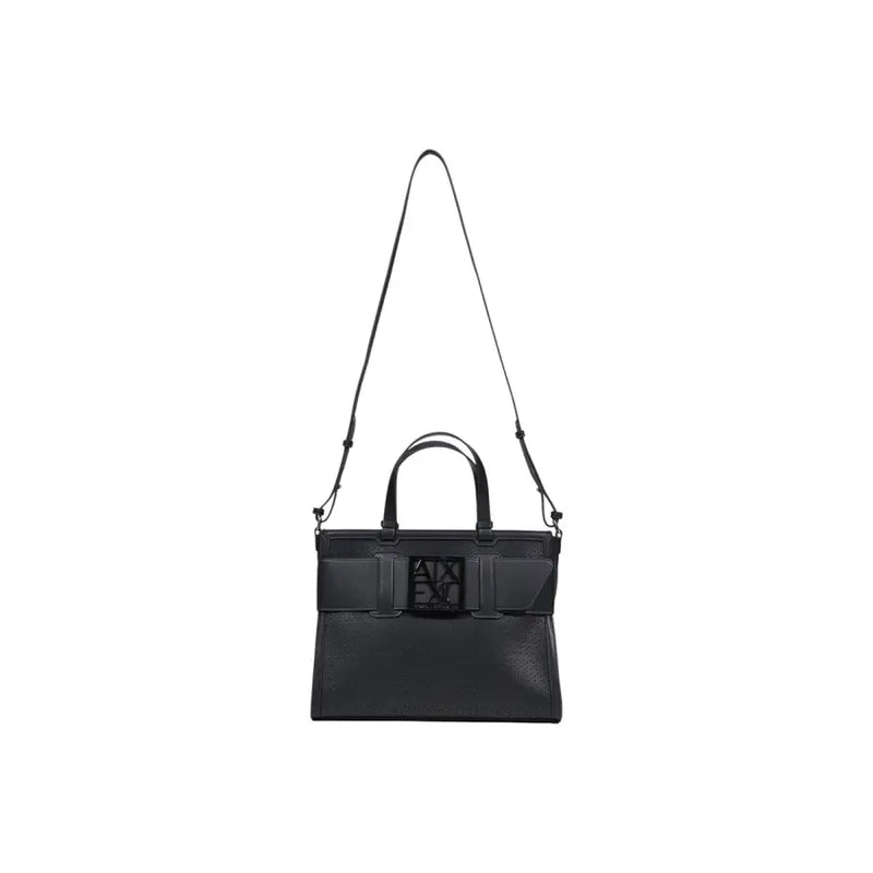 Armani Exchange black polyurethane handbag with zip pocket featuring a prominent logo buckle and adjustable shoulder strap