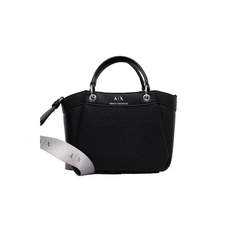 Armani Exchange Sac zippé en polyuréthane noir avec cuir texturé, finitions argentées et bandoulière grise.