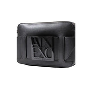 Armani Exchange black polyurethane belt bag for women with textured leather finish and metallic logo plaque