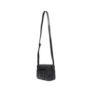 Armani Exchange black leather crossbody bag with structured rectangular shape and embossed logo on the front