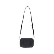 Armani Exchange black polyurethane zip bag for women with minimalist rectangular design and adjustable strap