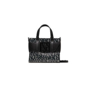 Armani Exchange black print polyurethane handbag with strap featuring structured design and repeating logo print
