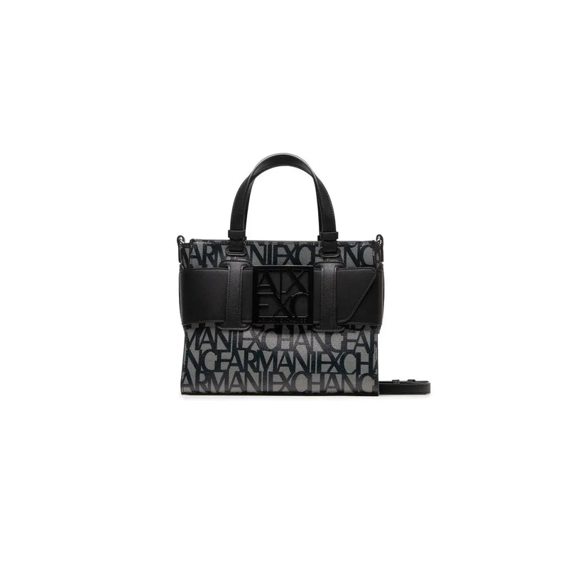 Armani Exchange black print polyurethane handbag with strap featuring structured design and repeating logo print