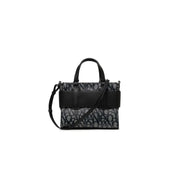 Armani Exchange black print polyurethane handbag with strap featuring structured design and repeating monogram pattern