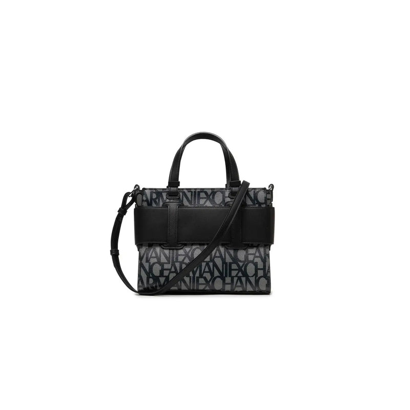 Armani Exchange black print polyurethane handbag with strap featuring structured design and repeating monogram pattern