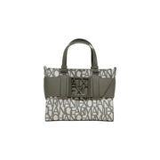 Armani Exchange black print tote with olive green handles and buckle