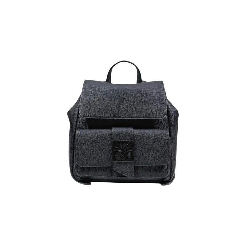 Armani Exchange black textured leather backpack with central logo plaque and multiple pockets for women