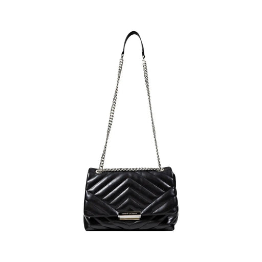 Armani Exchange black quilted leather shoulder bag with silver chain strap button and pockets for everyday use