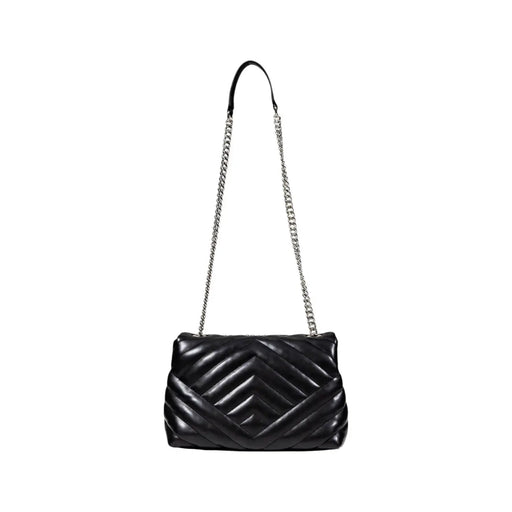 Armani Exchange black quilted leather crossbody bag with silver chain strap featuring button and pockets