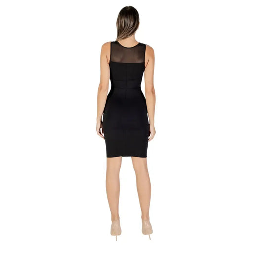 Women’s black sleeveless mesh yoke sheath dress from Armani Exchange Fall Winter collection