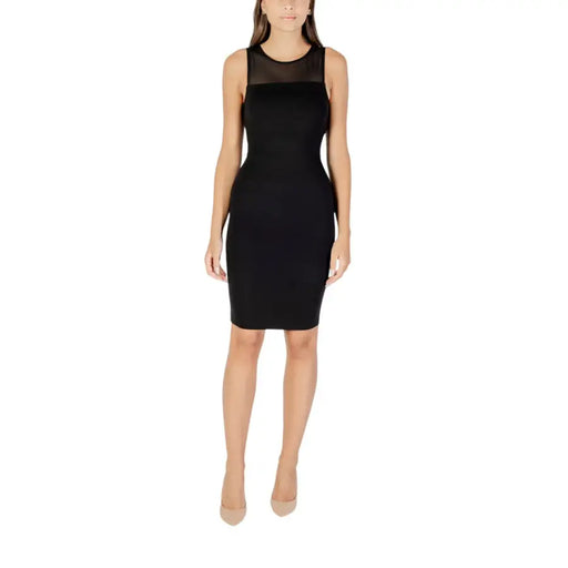 Black sleeveless knee-length fitted dress with sheer mesh neckline by Armani Exchange