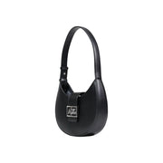 Armani Exchange black leather hobo bag for women with zip closure and silver-tone ax logo plaque on the front