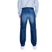 Blue denim jeans with a relaxed fit and white stitching.