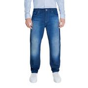 Blue denim jeans with a relaxed fit and white stitching, likely from levi’s 501 model.