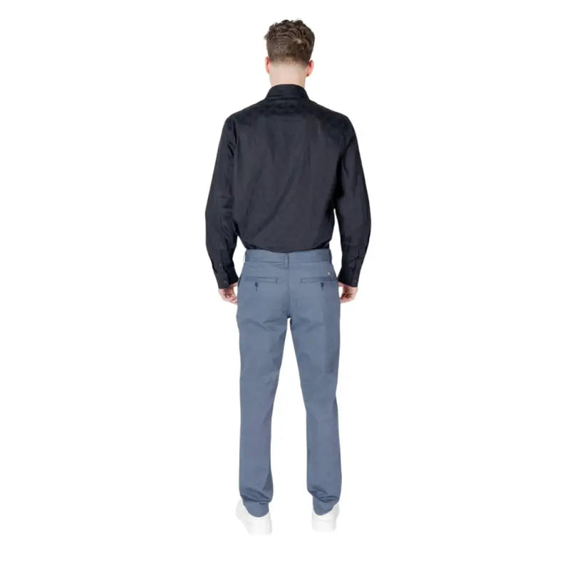 Armani Exchange blue slim-fit cotton blend chino trousers with subtle texture and two front pockets for spring summer