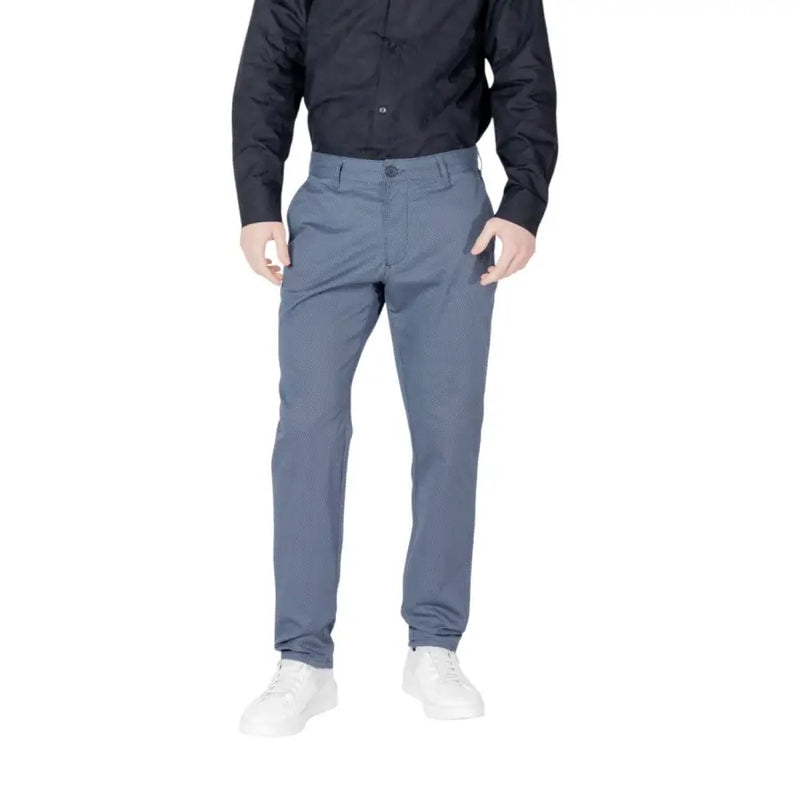 Armani Exchange blue men spring summer cotton blend chino trousers with a subtle textured weave pattern