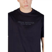 Armani Exchange black cotton t shirt for men with subtle silver embroidery reading armani exchange milano new york