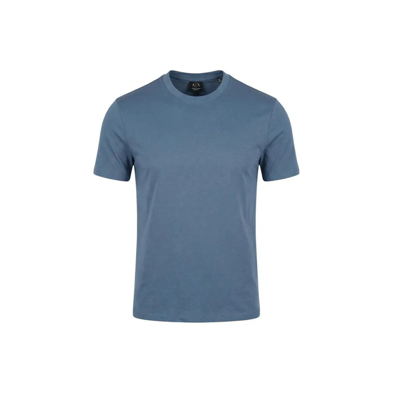 A sleek solid blue armani exchange crew neck cotton t shirt for men with a minimalist design
