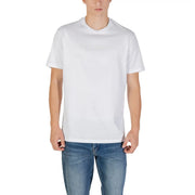 Male model wearing Armani Exchange blue printed cotton T shirt and blue jeans
