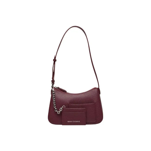 Armani Exchange Bordeaux zip handbag in burgundy textured leather with chain strap and matching card holder logo