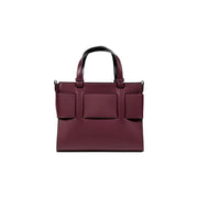 Maroon leather tote bag with three front pockets and black handles from Armani Exchange Bordeaux collection