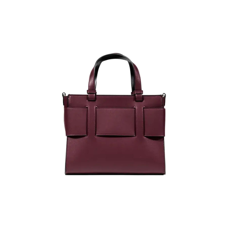 Maroon leather tote bag with three front pockets and black handles from Armani Exchange Bordeaux collection