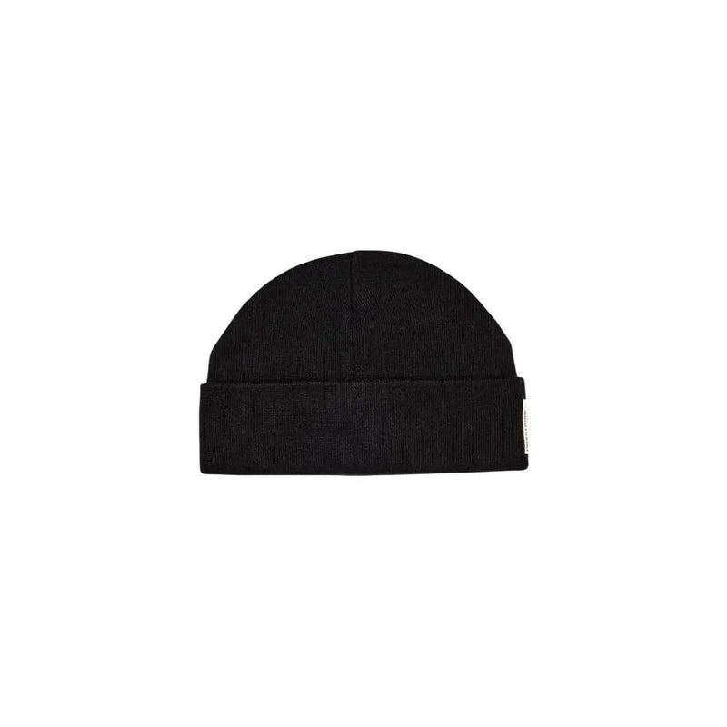 Armani Exchange Bonnet noir côtelé pour homme, avec revers et étiquette blanche sur le côté (vue de face)