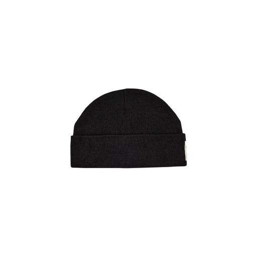 Armani Exchange Bonnet noir côtelé pour homme, avec revers et étiquette blanche sur le côté (vue de face)