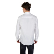 A crisp white Armani Exchange classic long sleeve men’s dress shirt with a tailored fit and classic collar