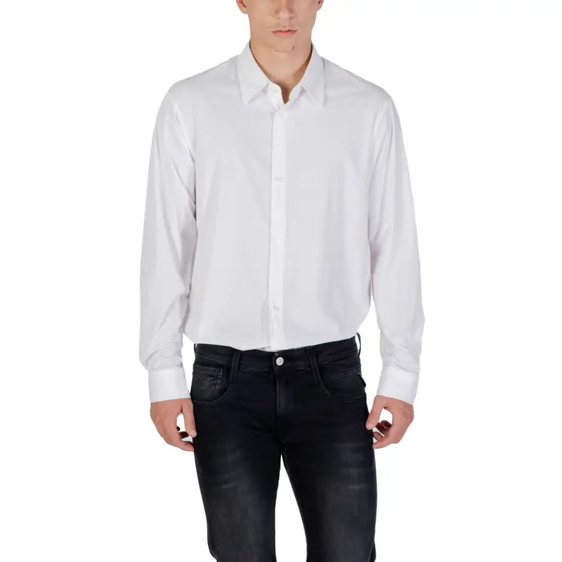 Armani Exchange classic white long sleeve men’s shirt with button-down front, classic collar, and neatly pressed fabric
