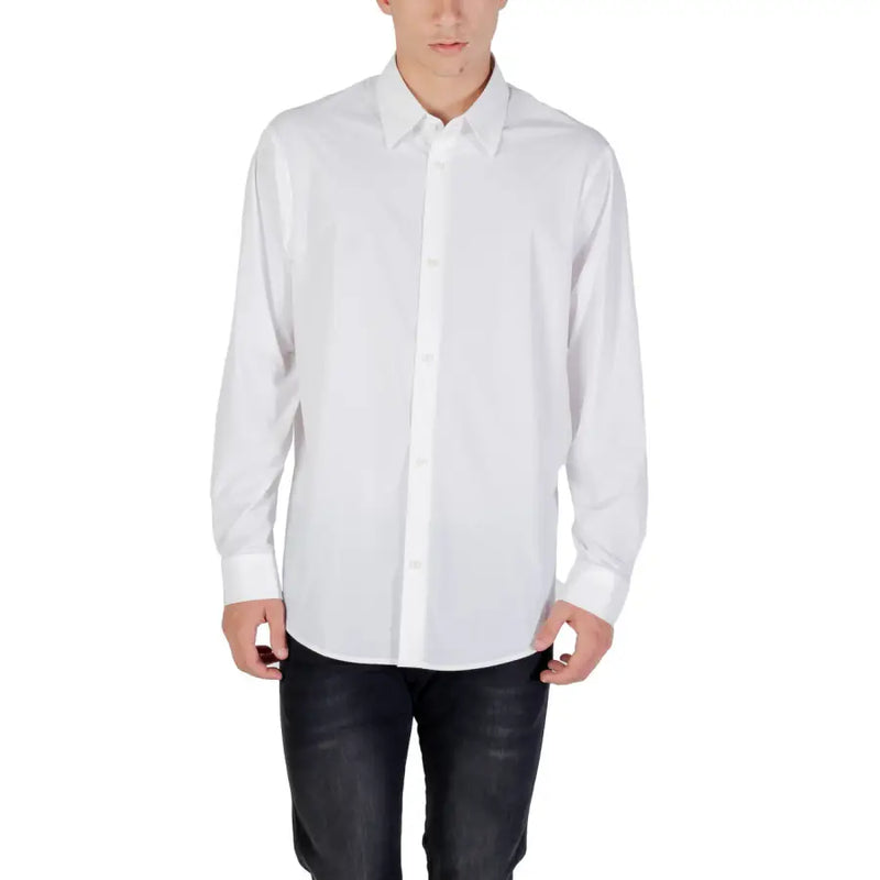 Armani Exchange classic white long sleeve men’s shirt with a button-down front, classic collar, and cuffs