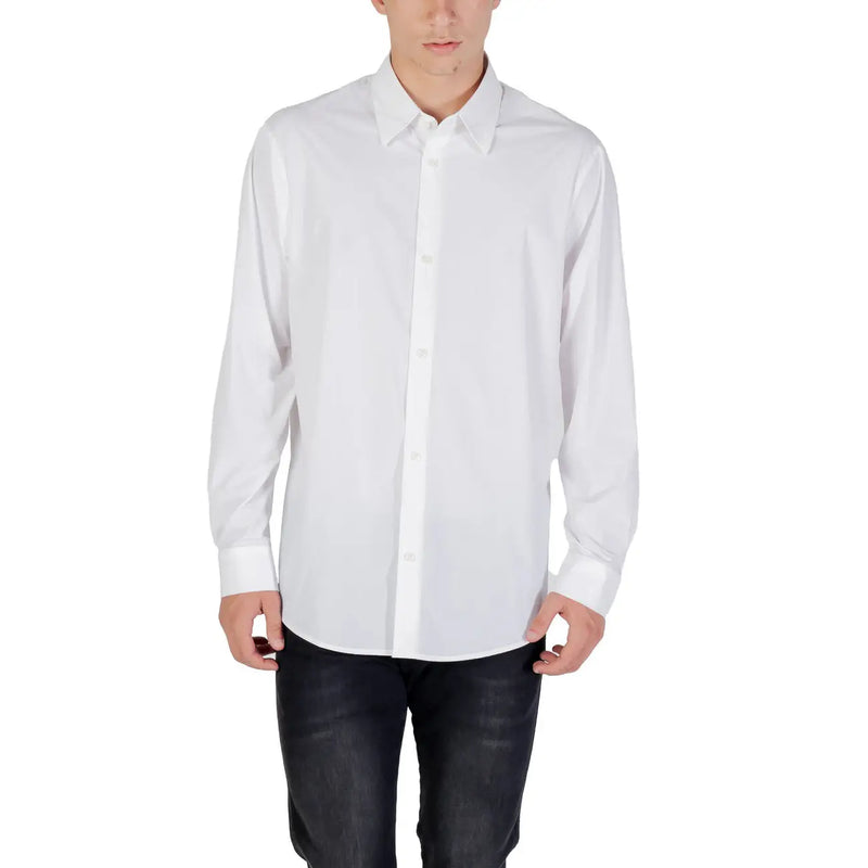 Armani Exchange classic white long sleeve men’s shirt with a button-down front, classic collar, and cuffs