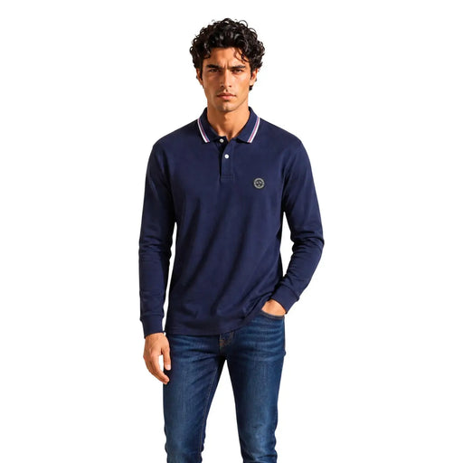 Armani Exchange Polo en coton bleu marine pour homme, avec col bordé de blanc et violet, vue de face