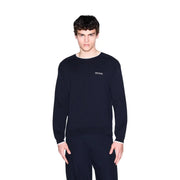 Armani Exchange Pull en coton bleu marine pour homme, avec finitions blanches contrastantes et poignets côtelés (vue de face)