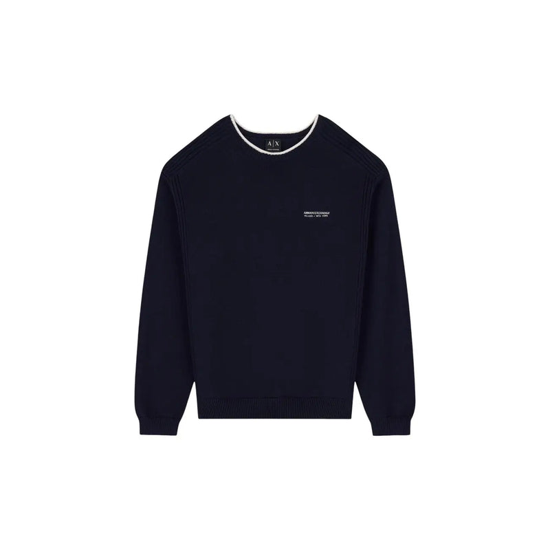 Armani Exchange Pull en coton bleu marine pour homme, avec finitions côtelées blanches et logo brodé, vue de face