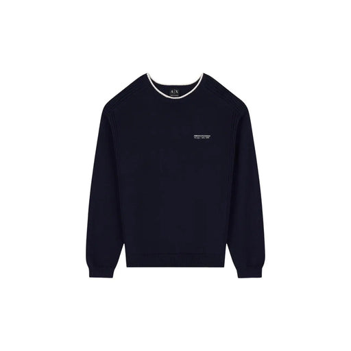 Armani Exchange Pull en coton bleu marine pour homme, avec finitions côtelées blanches et logo brodé, vue de face