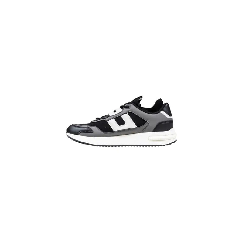Armani Exchange grey polyester sneakers for men with black and gray breathable mesh upper and white accents