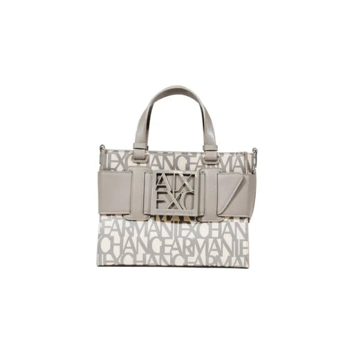 Light grey and white patterned Armani Exchange tote bag with top handles and logo