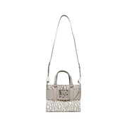 Light grey Armani Exchange tote bag with repeating logo pattern and removable shoulder strap